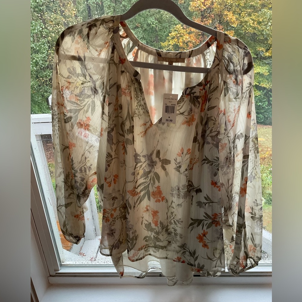 NWT My Danielle Elegant Floral Sheer Blouse - Cream and Orange